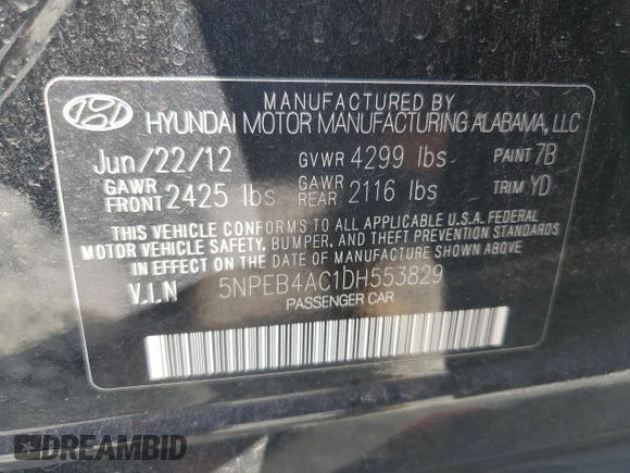 2013 Hyundai Sonata GLS with VIN 5NPEB4AC1DH553829, listed as a Copart auction lot 44601845 with 107,567 mi miles and Salvage Title. Bid and sale history available at carsss.com. Image 12.