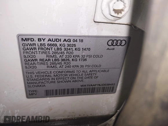 2018 Audi Q7 Prestige with VIN WA1VAAF76JD039452, listed as a IAAI auction lot 42246370 with 135,357 mi miles and . Bid and sale history available at DreamBid. Image 9.