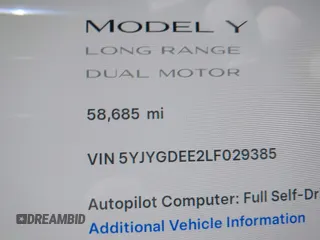2020 Tesla Model Y Long Range with VIN 5YJYGDEE2LF029385, listed as a IAAI auction lot 42164786 with 58,685 mi miles and . Bid and sale history available at DreamBid. Image 15.
