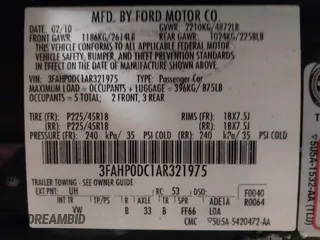 2010 Ford Fusion SPORT with VIN 3FAHP0DC1AR321975, listed as a IAAI auction lot 41395134 with 53,550 mi miles. Bid and sale history available at carsss.com. Image 9.