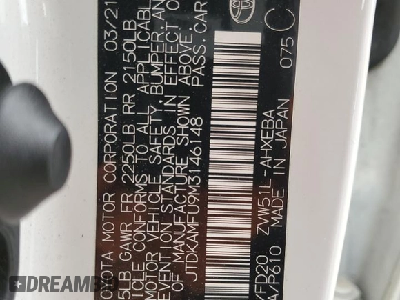 2021 Toyota Prius L Eco with VIN JTDKAMFU9M3146148, listed as a Copart auction lot 60747745 with 145,146 mi miles and Salvage title. Bid and sale history available at DreamBid. Image 12.