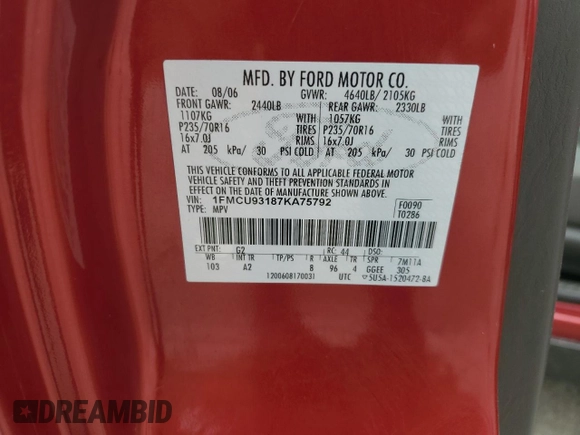 2007 Ford Escape XLT with VIN 1FMCU93187KA75792, listed as a Copart auction lot 62697334 with 97,339 mi miles and Salvage Title. Bid and sale history available at carsss.com. Image 15.