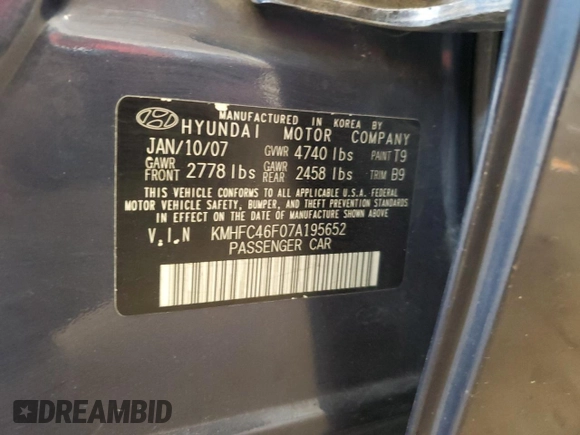 2007 Hyundai Azera SE with VIN KMHFC46F07A195652, listed as a Copart auction lot 62134205 with 149,510 mi miles and Salvage title. Bid and sale history available at DreamBid. Image 12.