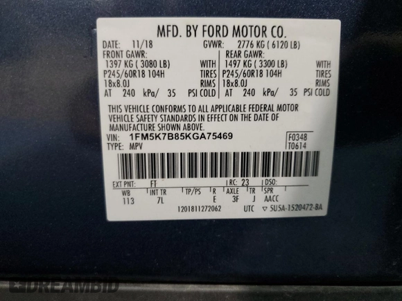 2019 Ford Explorer z VIN 1FM5K7B85KGA75469, wystawiony jako Copart lot #83456464 z przebiegiem 85 698 mil mil oraz Szkoda całkowita • Salvage title. Historia ofert i sprzedaży dostępna na DreamBid. Obrazek 14.