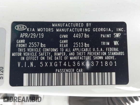 2019 Kia Optima LX with VIN 5XXGT4L36KG371801, listed as a IAAI auction lot 41885607 with 150,043 mi miles. Bid and sale history available at carsss.com. Image 9.