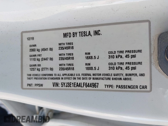 2020 Tesla Model 3 Standard Range Plus with VIN 5YJ3E1EA4LF644967, listed as a IAAI auction lot 41745984 with 23,479 mi miles and . Bid and sale history available at DreamBid. Image 9.