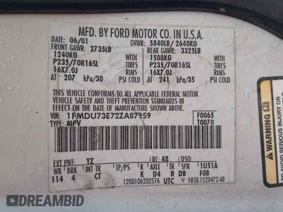 2002 Ford Explorer XLT с VIN 1FMDU73E72ZA87959, выставлен на аукционе IAAI как лот 42329168 с пробегом 259 408 миль миль и . История ставок и продаж доступна на DreamBid. Изображение 9.