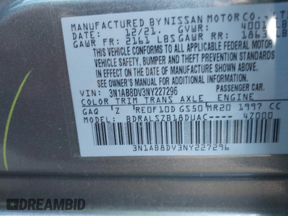 2022 Nissan Sentra SR with VIN 3N1AB8DV3NY227296, listed as a IAAI auction lot 41542797 with 41,436 mi miles. Bid and sale history available at carsss.com. Image 9.