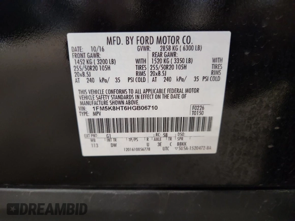2017 Ford Explorer Platinum с VIN 1FM5K8HT6HGB06710, выставлен на аукционе Copart как лот 59512775 с пробегом 143 459 миль миль и Списание • Salvage title. История ставок и продаж доступна на DreamBid. Изображение 14.