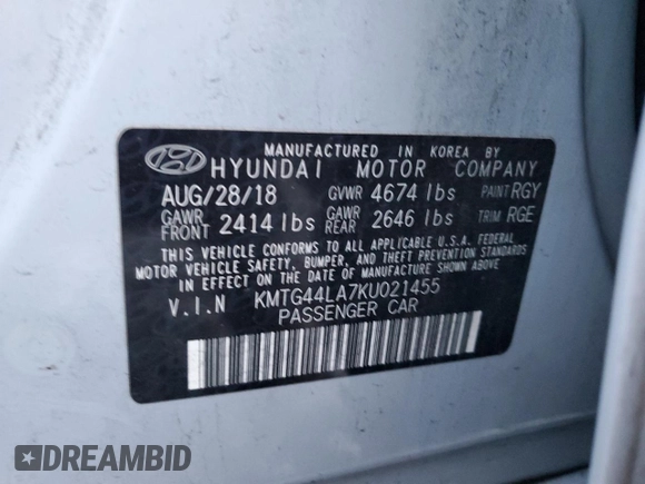 2019 Genesis G70 Advanced with VIN KMTG44LA7KU021455, listed as a Copart auction lot 87048564 with 94,429 mi miles and Salvage title. Bid and sale history available at DreamBid. Image 14.