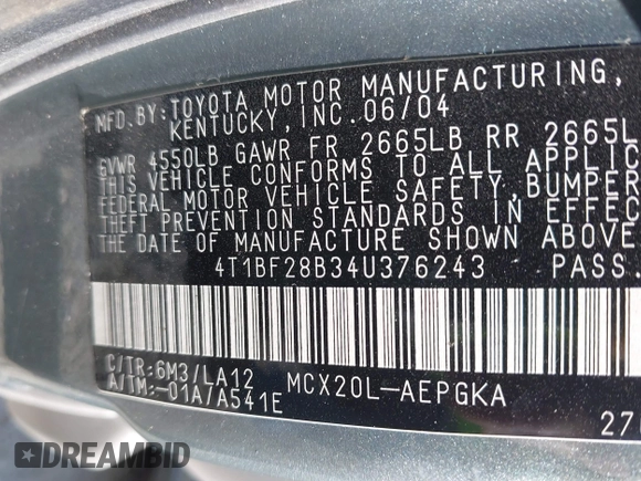 2004 Toyota Avalon XL with VIN 4T1BF28B34U376243, listed as a IAAI auction lot 41708833 with 248,591 mi miles and . Bid and sale history available at DreamBid. Image 9.