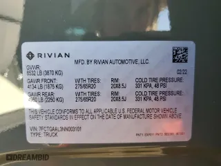 2022 Rivian R1T Launch Edition with VIN 7FCTGAAL3NN003101, listed as a Copart auction lot 85602634 with 17,189 mi miles and Salvage Title. Bid and sale history available at carsss.com. Image 12.