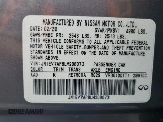 2020 Infiniti Q50 Luxe with VIN JN1EV7AP8LM208073, listed as a Copart auction lot 60069265 with 21,787 mi miles and Salvage title. Bid and sale history available at DreamBid. Image 13.