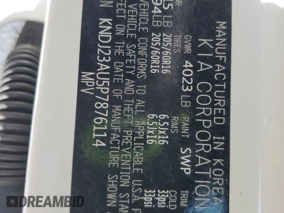 2023 Kia Soul LX with VIN KNDJ23AU5P7876114, listed as a Copart auction lot 53504475 with 34,487 mi miles and Salvage Title. Bid and sale history available at DreamBid. Image 14.
