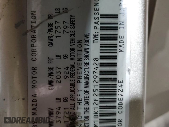 2005 Mazda 3 i with VIN JM1BK12F251297428, listed as a Copart auction lot 53041355 with 202,887 mi miles and Salvage Title. Bid and sale history available at DreamBid. Image 12.