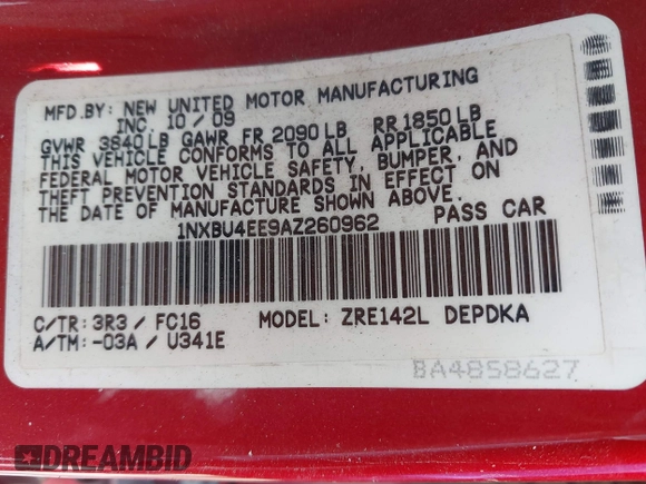 2010 Toyota Corolla with VIN 1NXBU4EE9AZ260962, listed as a IAAI auction lot 41847582 with 237,533 mi miles and . Bid and sale history available at DreamBid. Image 9.