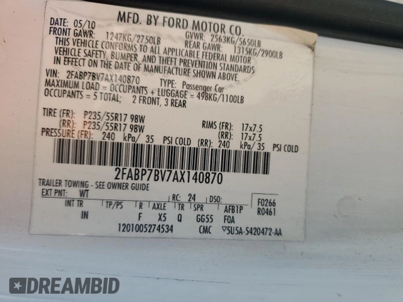 2010 Ford Police Interceptor with VIN 2FABP7BV7AX140870, listed as a Copart auction lot 53457275 with 124,194 mi miles and Salvage title. Bid and sale history available at DreamBid. Image 14.
