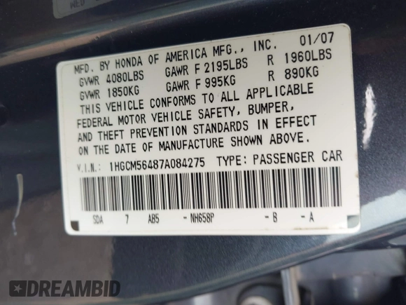 2007 Honda Accord LX with VIN 1HGCM56487A084275, listed as a IAAI auction lot 42491904 with 173,555 mi miles and . Bid and sale history available at DreamBid. Image 9.