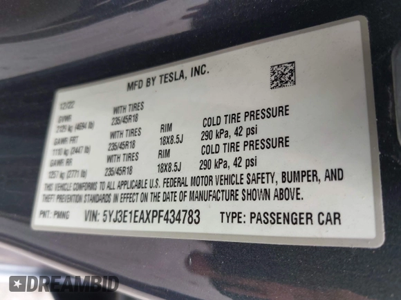 2023 Tesla Model 3 с VIN 5YJ3E1EAXPF434783, выставлен на аукционе IAAI как лот 42396072 с пробегом 17 054 миль миль и . История ставок и продаж доступна на DreamBid. Изображение 9.