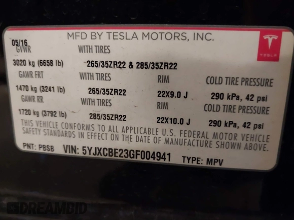 2016 Tesla Model X 70D with VIN 5YJXCBE23GF004941, listed as a IAAI auction lot 41706603 with 108,052 mi miles and . Bid and sale history available at DreamBid. Image 9.