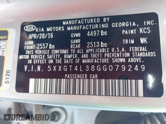 2016 Kia Optima LX with VIN 5XXGT4L38GG079249, listed as a IAAI auction lot 42674130 with 136,397 mi miles and . Bid and sale history available at DreamBid. Image 9.