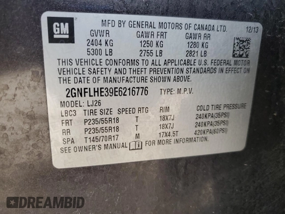 2014 Chevrolet Equinox LTZ with VIN 2GNFLHE39E6216776, listed as a Copart auction lot 49998835 with 136,574 mi miles and Salvage Title. Bid and sale history available at carsss.com. Image 15.