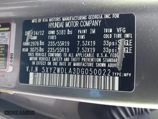 2013 Hyundai Santa Fe 2.0T Sport with VIN 5XYZWDLA3DG050022, listed as a IAAI auction lot 41957421 with 196,348 mi miles. Bid and sale history available at carsss.com. Image 9.