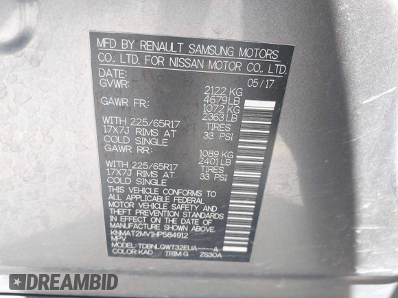 2017 Nissan Rogue S with VIN KNMAT2MV1HP584912, listed as a IAAI auction lot 42598687 with 81,439 mi miles and . Bid and sale history available at DreamBid. Image 9.