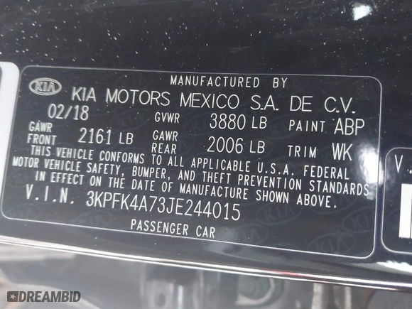 2018 Kia Forte LX with VIN 3KPFK4A73JE244015, listed as a IAAI auction lot 41651426 with 95,723 mi miles. Bid and sale history available at carsss.com. Image 9.