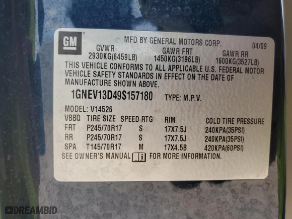 2009 Chevrolet Traverse LS with VIN 1GNEV13D49S157180, listed as a Copart auction lot 64225164 with 131,411 mi miles and Salvage Title. Bid and sale history available at carsss.com. Image 13.