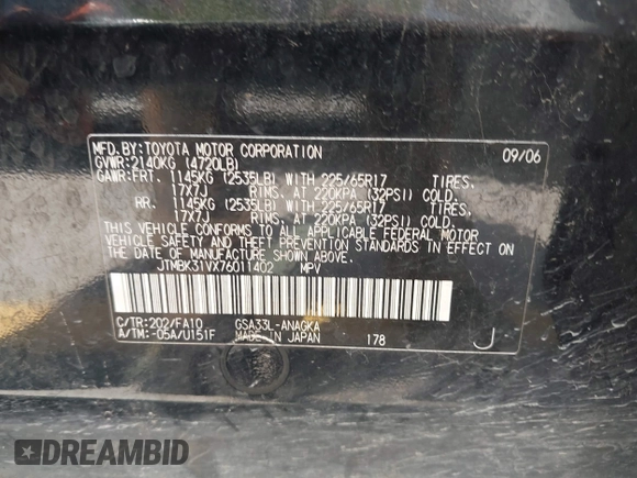 2007 Toyota RAV4 Limited with VIN JTMBK31VX76011402, listed as a IAAI auction lot 42375329 with Not provided miles and . Bid and sale history available at DreamBid. Image 9.