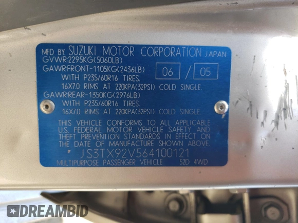 2006 Suzuki XL7 z VIN JS3TX92V564100121, wystawiony jako Copart lot #54261885 z przebiegiem 121 590 mil mil oraz Szkoda całkowita • Salvage title. Historia ofert i sprzedaży dostępna na DreamBid. Obrazek 13.