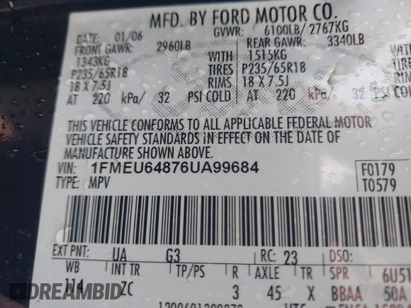 2006 Ford Explorer Eddie Bauer с VIN 1FMEU64876UA99684, выставлен на аукционе IAAI как лот 42156333 с пробегом 174 141 миль миль и . История ставок и продаж доступна на DreamBid. Изображение 9.
