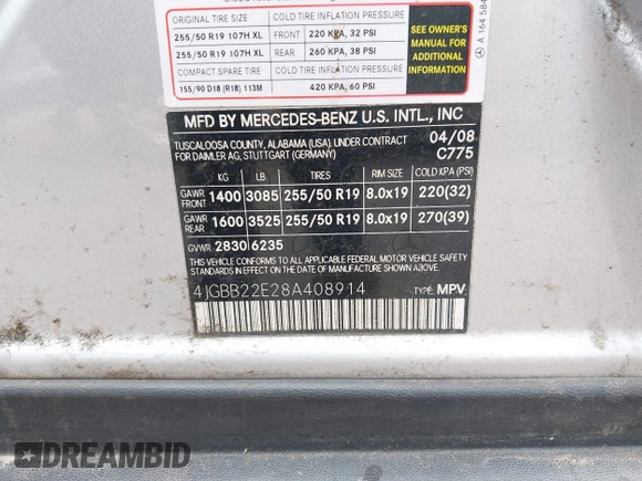 2008 Mercedes-Benz M 320 CDI with VIN 4JGBB22E28A408914, listed as a IAAI auction lot 42066714 with 194,706 mi miles and . Bid and sale history available at DreamBid. Image 9.