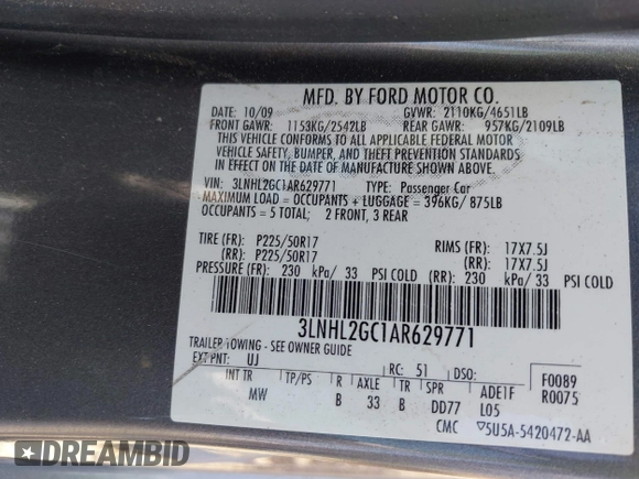 2010 Lincoln MKZ with VIN 3LNHL2GC1AR629771, listed as a IAAI auction lot 42572326 with 108,199 mi miles and . Bid and sale history available at DreamBid. Image 9.