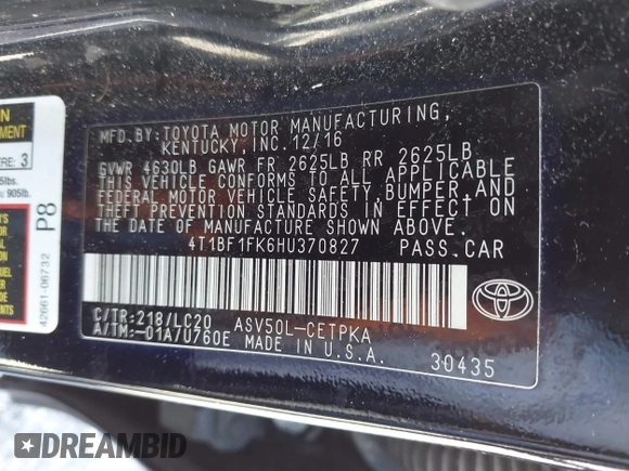 2017 Toyota Camry XLE z VIN 4T1BF1FK6HU370827, wystawiony jako IAAI lot #41870412 z przebiegiem 95 975 mil mil oraz . Historia ofert i sprzedaży dostępna na DreamBid. Obrazek 9.