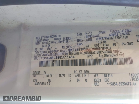 2011 Ford Econoline Passenger XL with VIN 1FBSS3BL8BDA11484, listed as a IAAI auction lot 41532204 with 309,062 mi miles and . Bid and sale history available at DreamBid. Image 9.