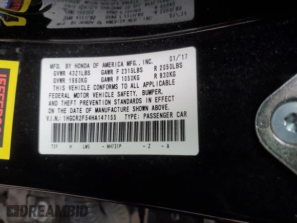 2017 Honda Accord Sedan Sport with VIN 1HGCR2F54HA147155, listed as a Copart auction lot 54387675 with 90,720 mi miles and Salvage Title. Bid and sale history available at carsss.com. Image 12.