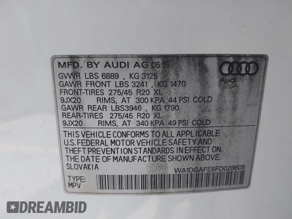 2015 Audi Q7 S line Prestige with VIN WA1DGAFE5FD028605, listed as a IAAI auction lot 42313627 with 143,287 mi miles and . Bid and sale history available at DreamBid. Image 9.