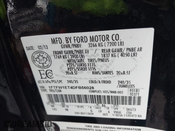 2013 Ford F-150 XL with VIN 1FTFW1ET4DFB56028, listed as a IAAI auction lot 40937403 with 303,294 mi miles. Bid and sale history available at carsss.com. Image 9.