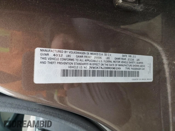 2011 Volkswagen Jetta Sedan S with VIN 3VW1K7AJ3BM398199, listed as a Copart auction lot 44574305 with 115,879 mi miles and Salvage Title. Bid and sale history available at carsss.com. Image 12.
