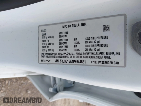 2023 Tesla Model 3 with VIN 5YJ3E1EA4PF644621, listed as a IAAI auction lot 42280312 with 41,262 mi miles and . Bid and sale history available at DreamBid. Image 9.