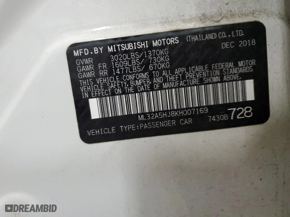 2019 Mitsubishi Mirage GT with VIN ML32A5HJ8KH007169, listed as a Copart auction lot 85501884 with 72718 miles and Salvage Title. Bid and sale history available at carsss.com. Image 12.