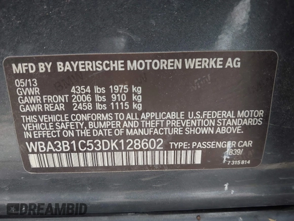 2013 BMW 3 Series 320i with VIN WBA3B1C53DK128602, listed as a IAAI auction lot 41952771 with 103,564 mi miles and . Bid and sale history available at carsss.com. Image 9.
