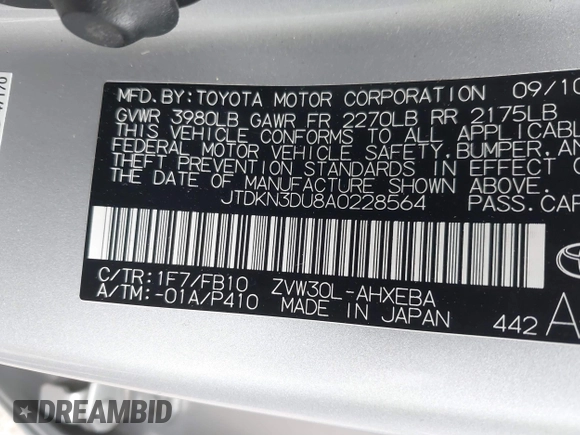 2010 Toyota Prius II with VIN JTDKN3DU8A0228564, listed as a IAAI auction lot 41795365 with 160,578 mi miles. Bid and sale history available at carsss.com. Image 9.
