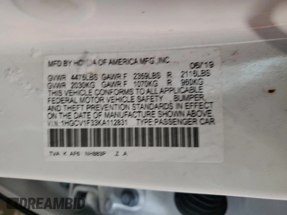 2019 Honda Accord Sport with VIN 1HGCV1F33KA112831, listed as a Copart auction lot 87912415 with 39,675 mi miles and Salvage Title. Bid and sale history available at DreamBid. Image 13.