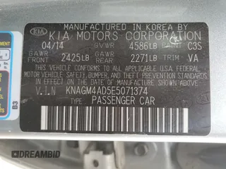 2014 Kia Optima LX with VIN KNAGM4AD5E5071374, listed as a Copart auction lot 56528545 with 156,856 mi miles and Clean title. Bid and sale history available at DreamBid. Image 12.