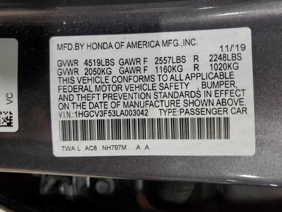 2020 Honda Accord EX-L с VIN 1HGCV3F53LA003042, выставлен на аукционе Copart как лот 47653225 с пробегом 73 186 миль миль и Списание • Salvage title. История ставок и продаж доступна на DreamBid. Изображение 12.