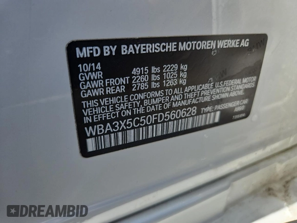 2015 BMW 3 Series GT 328i Gran Turismo xDrive with VIN WBA3X5C50FD560628, listed as a Copart auction lot 52111655 with Not Provided miles and Salvage Title. Bid and sale history available at DreamBid. Image 12.