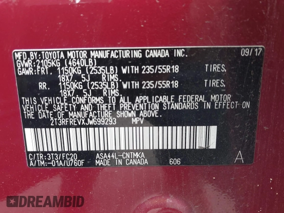 2018 Toyota RAV4 XLE with VIN 2T3RFREVXJW699293, listed as a IAAI auction lot 41881742 with Not Provided miles and . Bid and sale history available at DreamBid. Image 9.